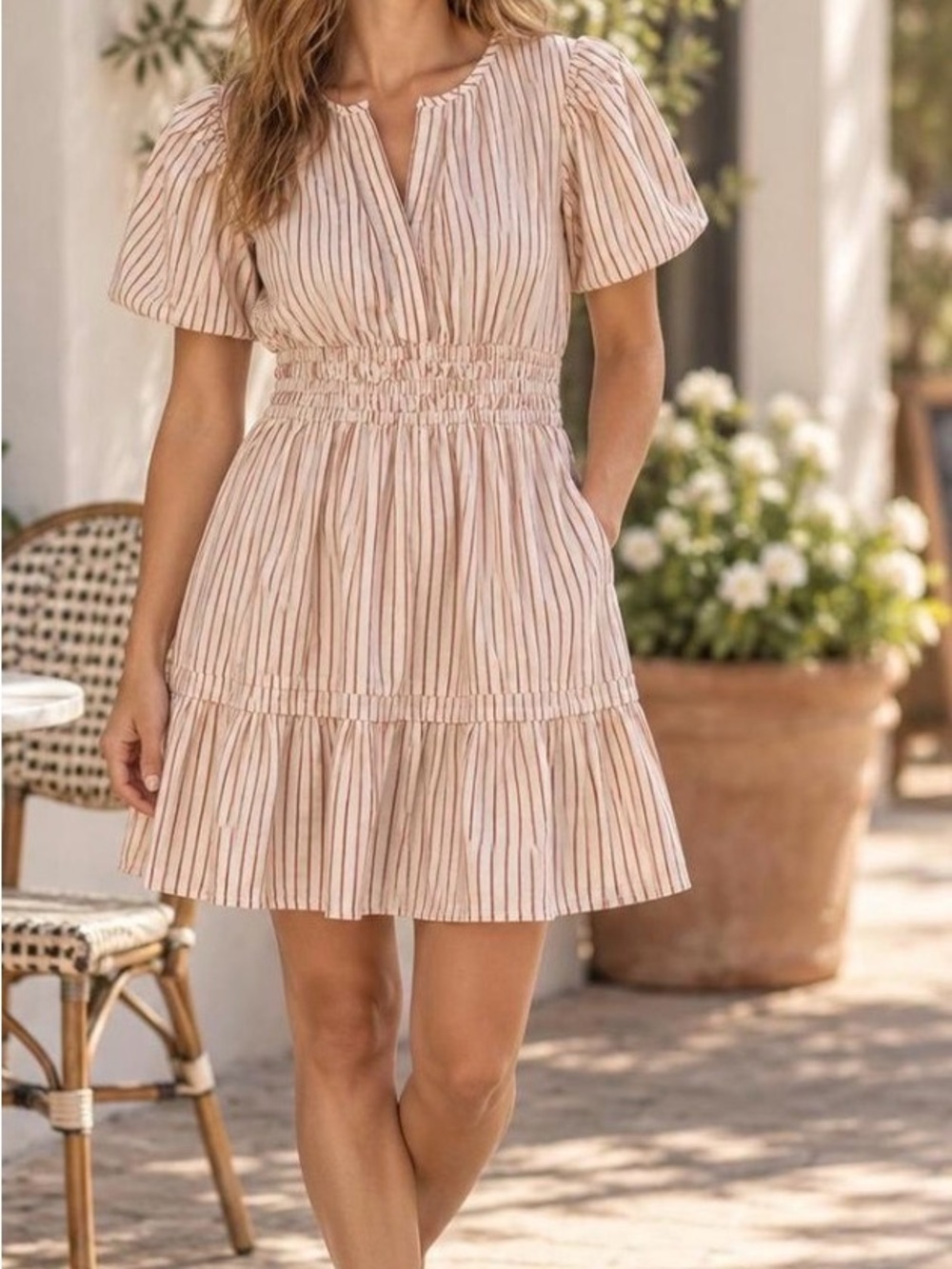Women's Rust and Cream Striped Smocked cotton poplin dress